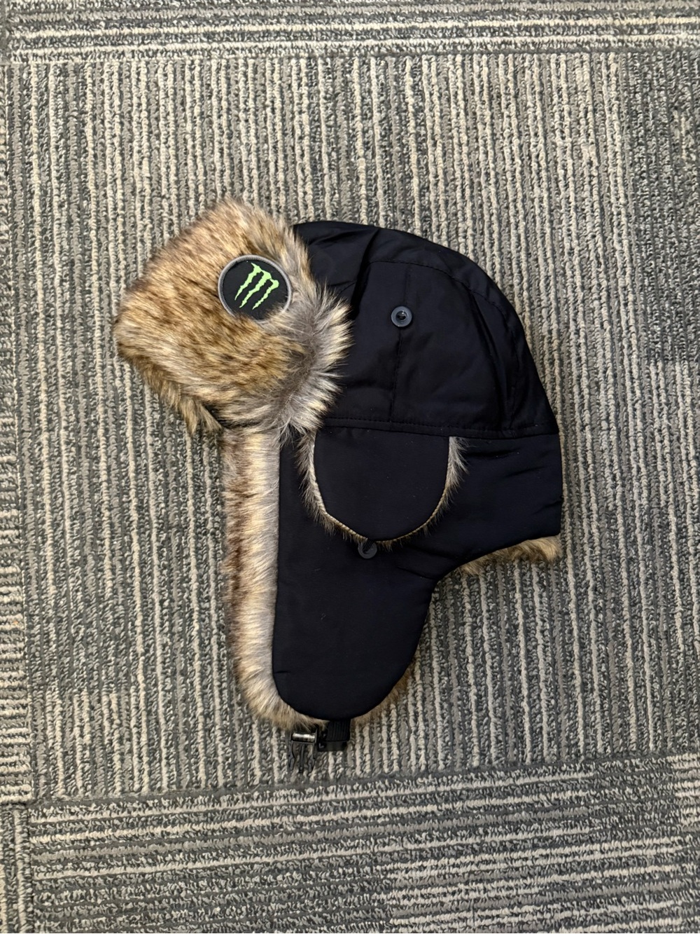 Monster Energy Black Faux-Fur Trapper Hat with Logo Patch